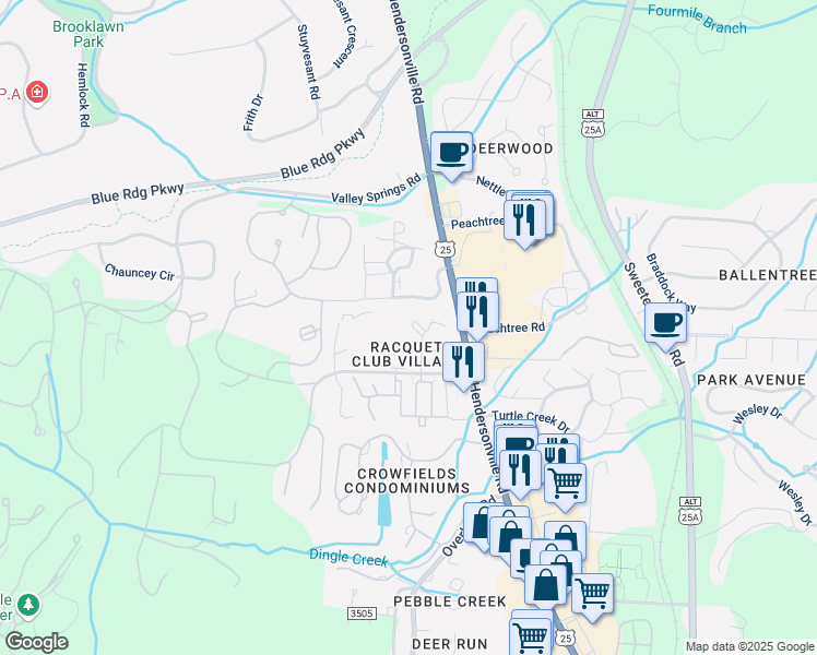 map of restaurants, bars, coffee shops, grocery stores, and more near 13 Village Drive in Asheville
