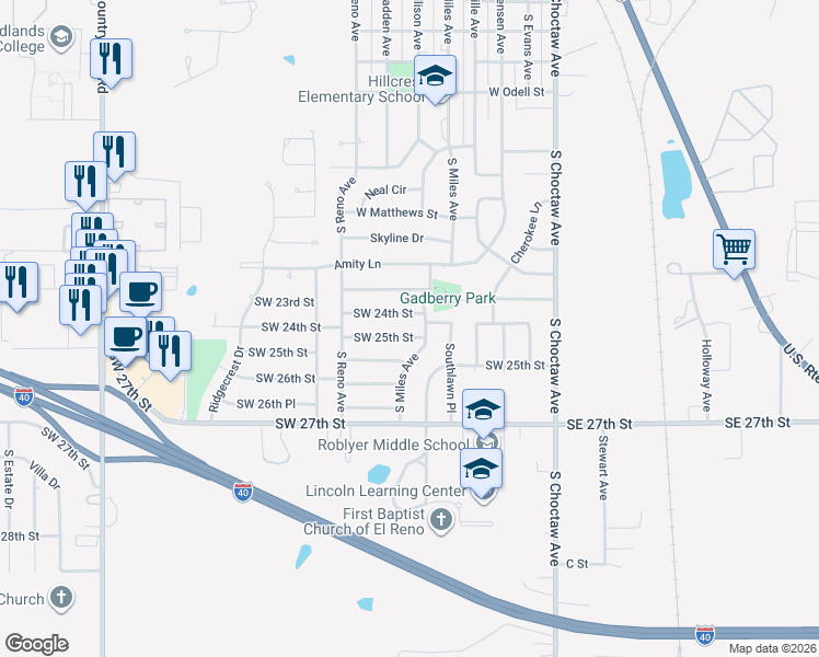 map of restaurants, bars, coffee shops, grocery stores, and more near 504 Southwest 25th Street in El Reno