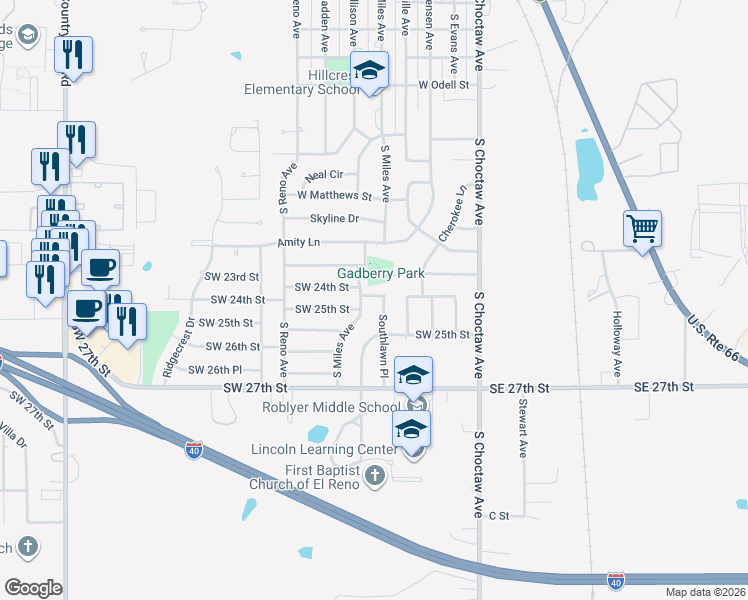 map of restaurants, bars, coffee shops, grocery stores, and more near 2400 Southlawn Place in El Reno