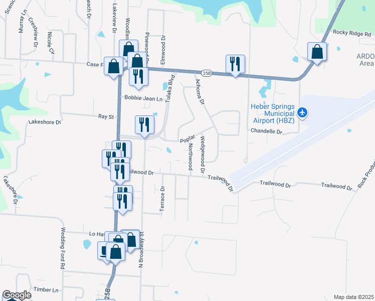 map of restaurants, bars, coffee shops, grocery stores, and more near Hickory Cove in Heber Springs