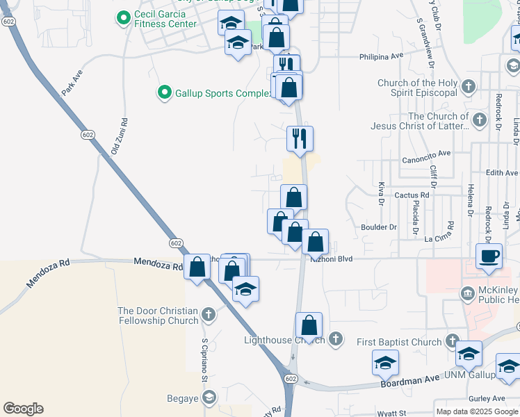 map of restaurants, bars, coffee shops, grocery stores, and more near 1710 Elm Circle in Gallup