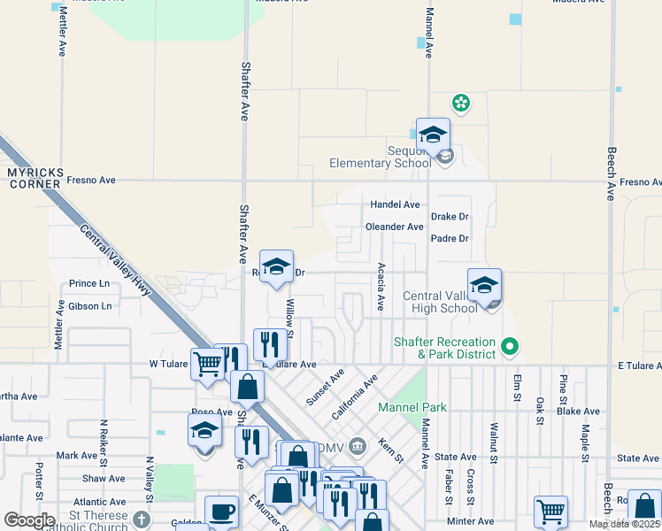 map of restaurants, bars, coffee shops, grocery stores, and more near 240 Redwood Drive in Shafter