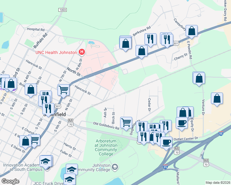 map of restaurants, bars, coffee shops, grocery stores, and more near 1206 North Street in Smithfield