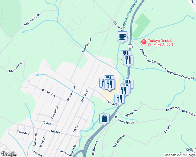 map of restaurants, bars, coffee shops, grocery stores, and more near 1013 Oak Street in Dayton