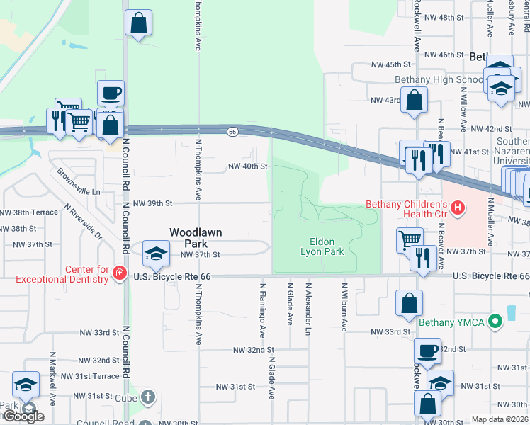map of restaurants, bars, coffee shops, grocery stores, and more near 3915 North Glade Avenue in Bethany