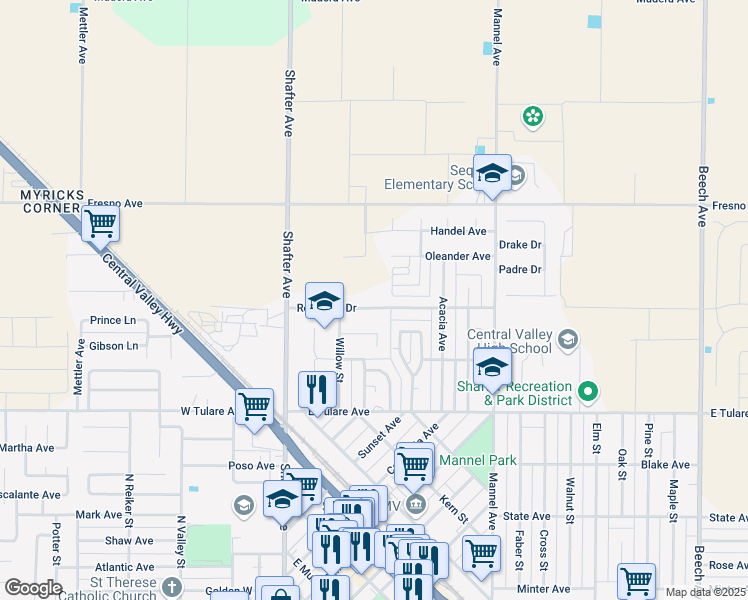 map of restaurants, bars, coffee shops, grocery stores, and more near 240 Redwood Drive in Shafter