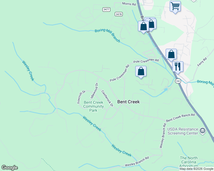 map of restaurants, bars, coffee shops, grocery stores, and more near 102 Bent Creek Ranch Road in Asheville
