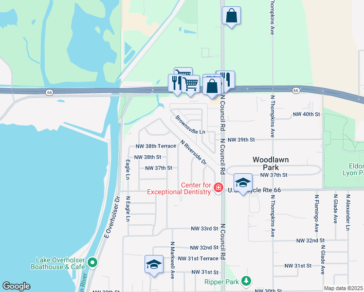 map of restaurants, bars, coffee shops, grocery stores, and more near 3840 North Riverside Drive in Bethany