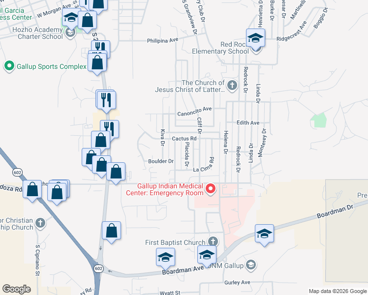 map of restaurants, bars, coffee shops, grocery stores, and more near 1704 Placida Drive in Gallup
