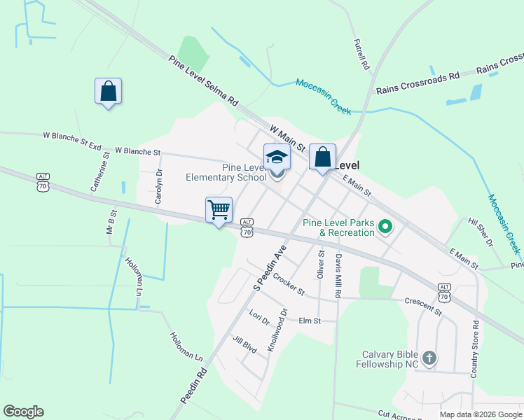 map of restaurants, bars, coffee shops, grocery stores, and more near 116 South Fitzgerald Street in Selma