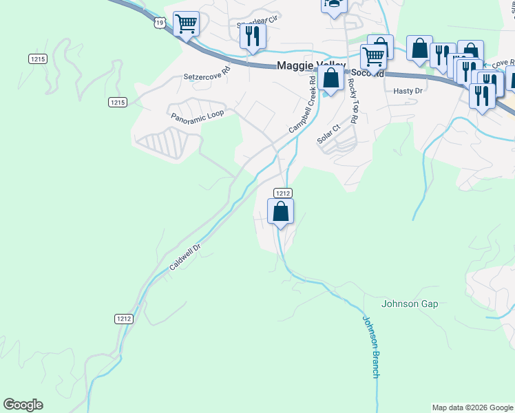 map of restaurants, bars, coffee shops, grocery stores, and more near 28 Valentine Drive in Maggie Valley