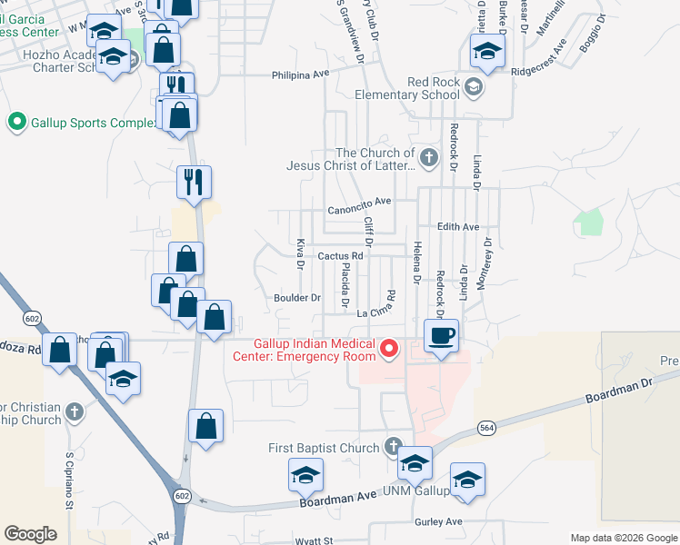 map of restaurants, bars, coffee shops, grocery stores, and more near 1704 Placida Drive in Gallup