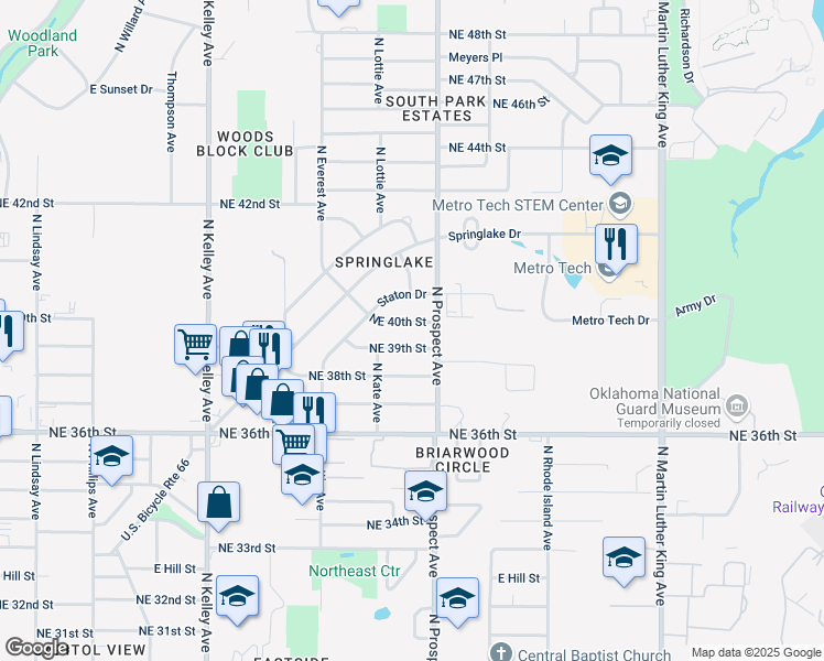 map of restaurants, bars, coffee shops, grocery stores, and more near 1400 Northeast 40th Street in Oklahoma City