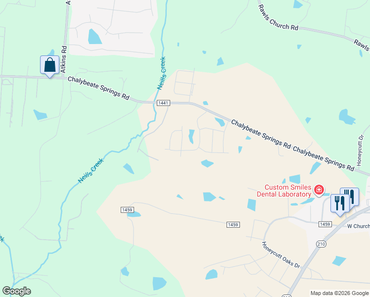 map of restaurants, bars, coffee shops, grocery stores, and more near 282 Creekhaven Drive in Angier