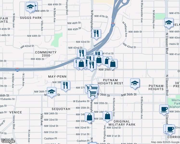 map of restaurants, bars, coffee shops, grocery stores, and more near 2114 Northwest 39th Street in Oklahoma City