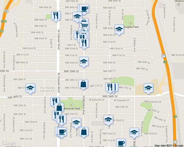 map of restaurants, bars, coffee shops, grocery stores, and more near 916 NW 39th St in Oklahoma City