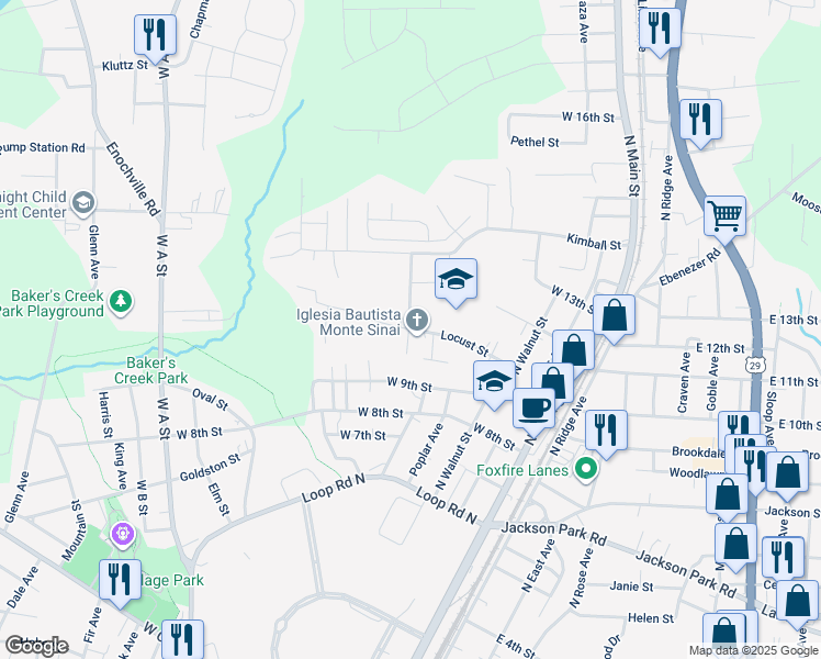 map of restaurants, bars, coffee shops, grocery stores, and more near Locust Street in Kannapolis
