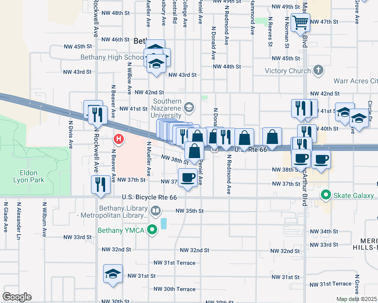 map of restaurants, bars, coffee shops, grocery stores, and more near 3932 North College Avenue in Bethany