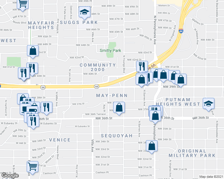 map of restaurants, bars, coffee shops, grocery stores, and more near 2342 Northwest 39th Street in Oklahoma City