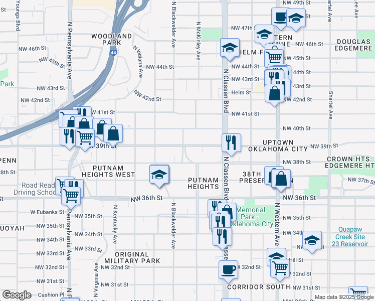 map of restaurants, bars, coffee shops, grocery stores, and more near 1516 Northwest 39th Street in Oklahoma City