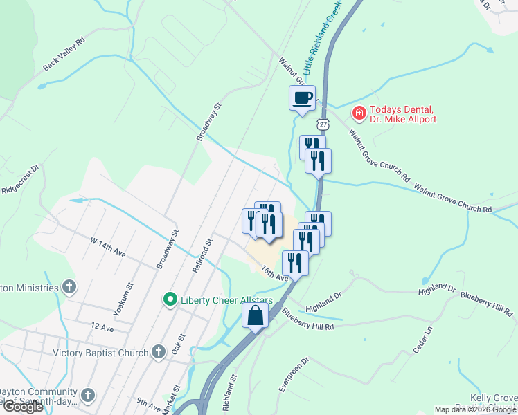 map of restaurants, bars, coffee shops, grocery stores, and more near 3165 Market St in Dayton