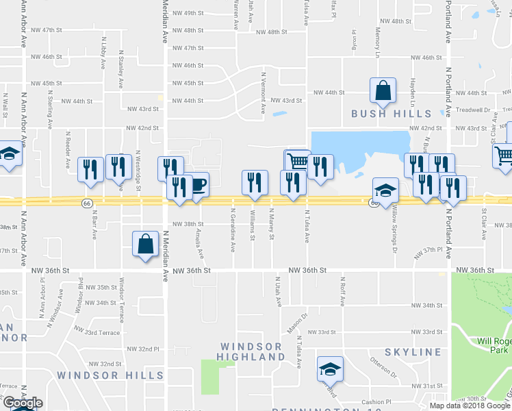map of restaurants, bars, coffee shops, grocery stores, and more near 4216 Northwest 39th Street in Oklahoma City