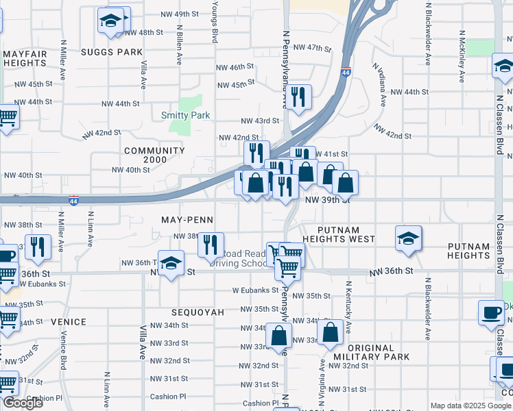 map of restaurants, bars, coffee shops, grocery stores, and more near 2200 Northwest 39th Street in Oklahoma City