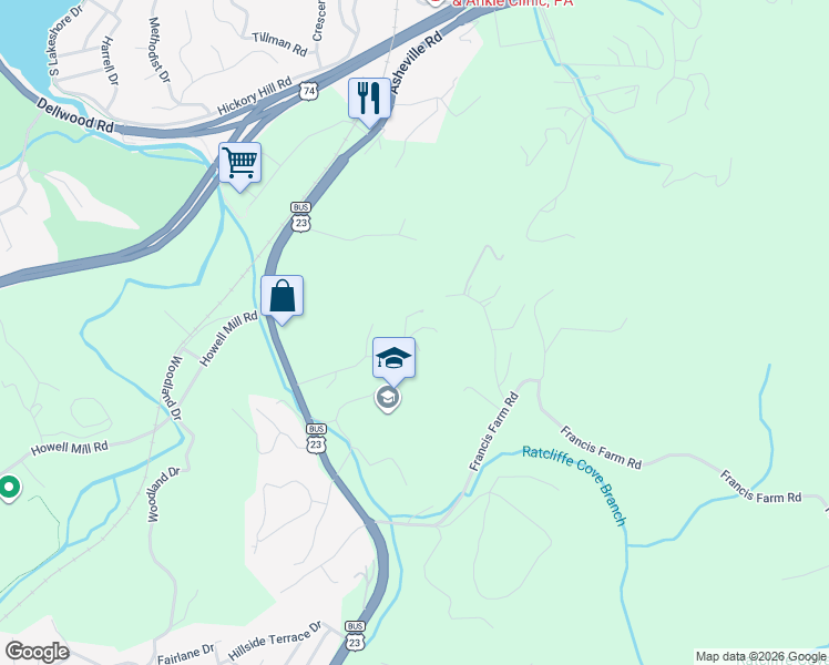 map of restaurants, bars, coffee shops, grocery stores, and more near Starnes Ridge in Waynesville