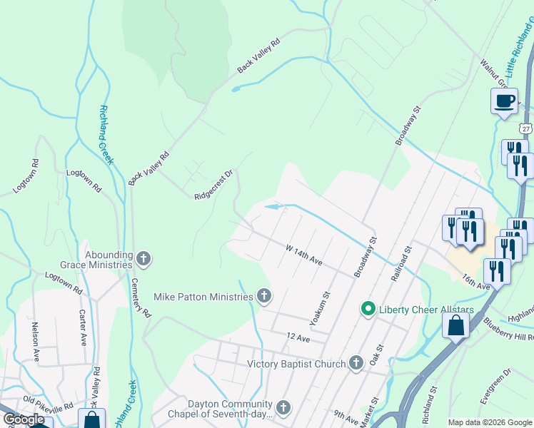 map of restaurants, bars, coffee shops, grocery stores, and more near 108 Ridgecrest Dr in Dayton