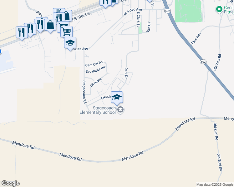 map of restaurants, bars, coffee shops, grocery stores, and more near 1602 Freedom Drive in Gallup