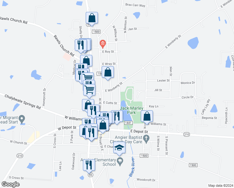 map of restaurants, bars, coffee shops, grocery stores, and more near 202 North Willow Street in Angier