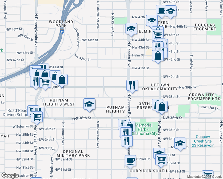 map of restaurants, bars, coffee shops, grocery stores, and more near 1516 Northwest 39th Street in Oklahoma City