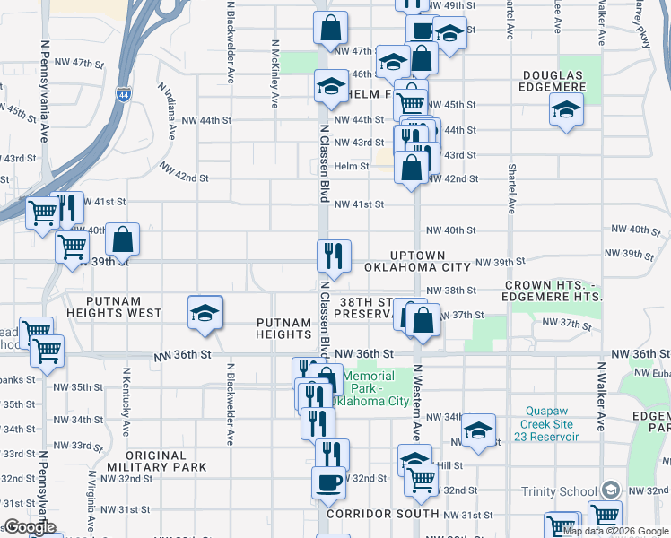 map of restaurants, bars, coffee shops, grocery stores, and more near 3920 North Classen Boulevard in Oklahoma City