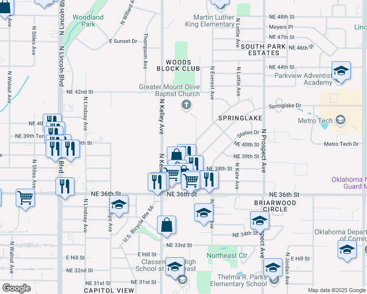 map of restaurants, bars, coffee shops, grocery stores, and more near 3848 North Kelley Avenue in Oklahoma City
