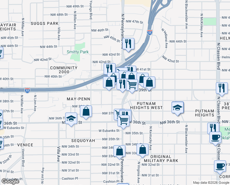 map of restaurants, bars, coffee shops, grocery stores, and more near 2114 Northwest 39th Street in Oklahoma City