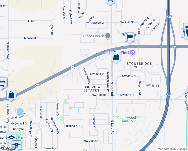 map of restaurants, bars, coffee shops, grocery stores, and more near 10708 NW 40th St in Yukon