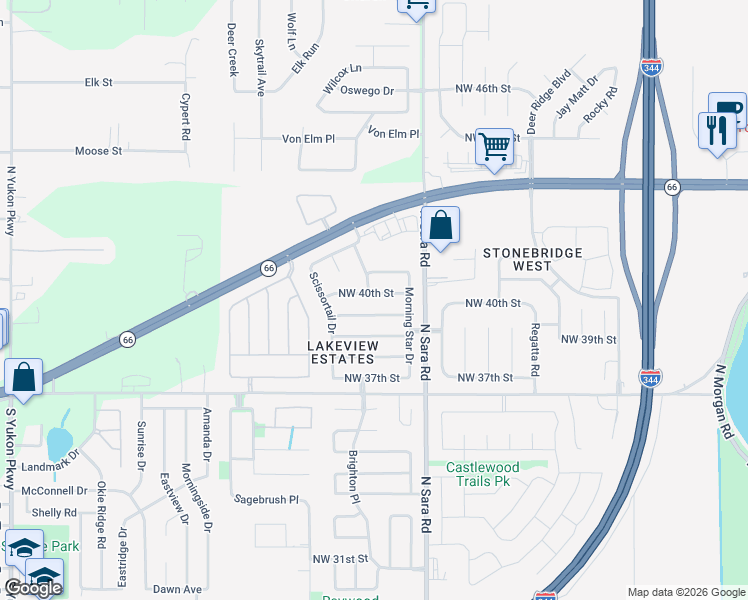 map of restaurants, bars, coffee shops, grocery stores, and more near 10632 Northwest 40th Street in Yukon