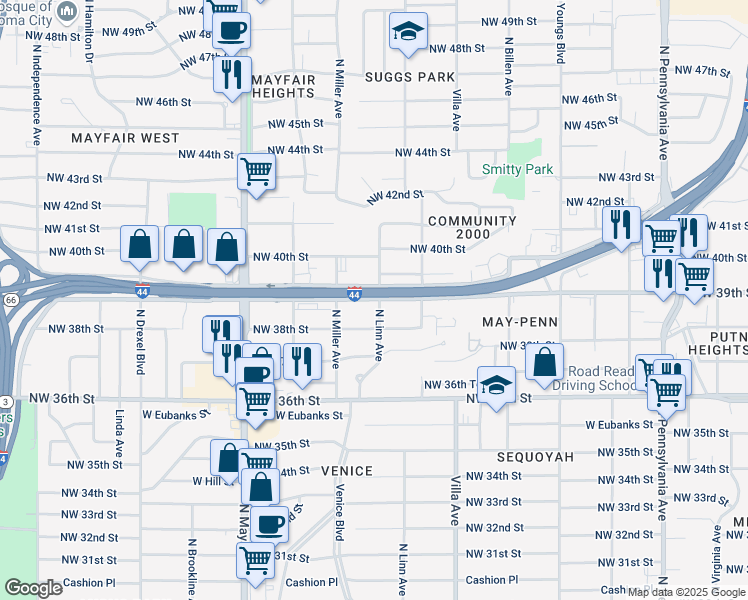 map of restaurants, bars, coffee shops, grocery stores, and more near 2600 Northwest 39th Street in Oklahoma City