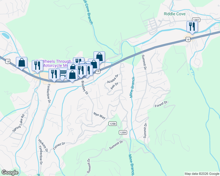 map of restaurants, bars, coffee shops, grocery stores, and more near 104 Ash Drive in Maggie Valley