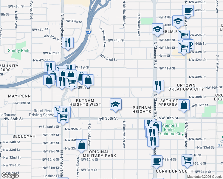 map of restaurants, bars, coffee shops, grocery stores, and more near 1700 Northwest 39th Street in Oklahoma City