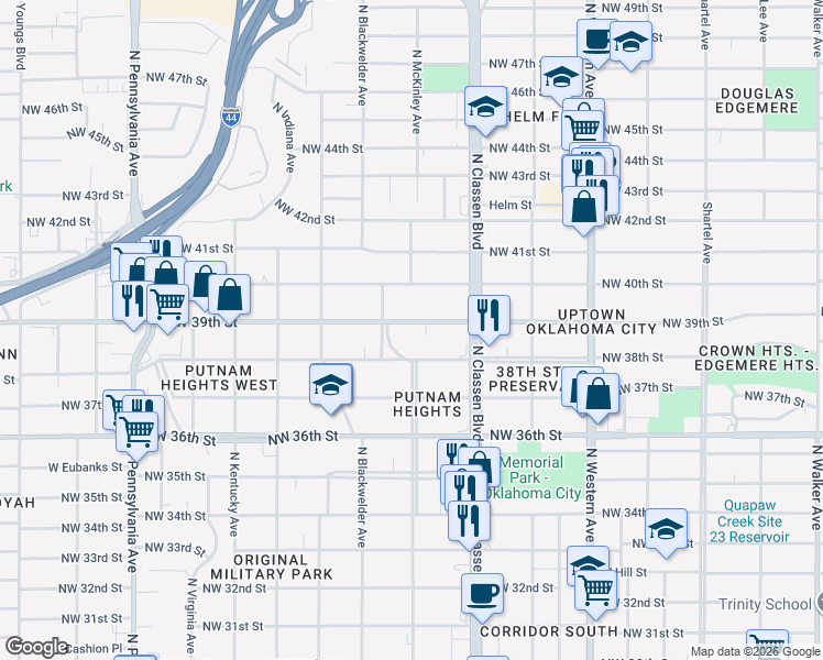 map of restaurants, bars, coffee shops, grocery stores, and more near 1516 Northwest 39th Street in Oklahoma City