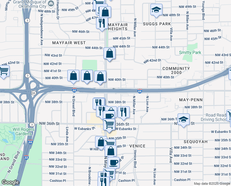 map of restaurants, bars, coffee shops, grocery stores, and more near 2800 Northwest 39th Street in Oklahoma City