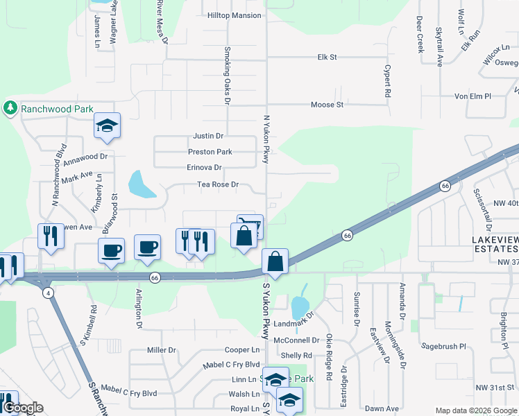 map of restaurants, bars, coffee shops, grocery stores, and more near 1020 Tea Rose Drive in Yukon