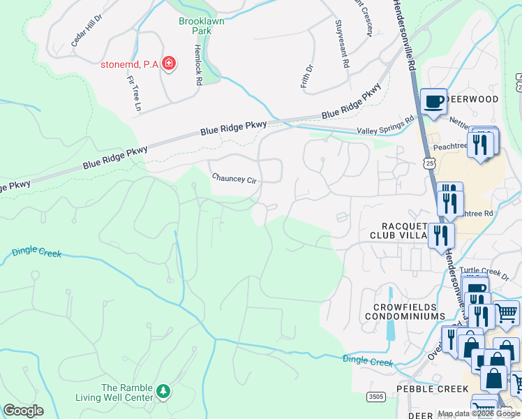map of restaurants, bars, coffee shops, grocery stores, and more near 5 Nethermead Drive in Asheville