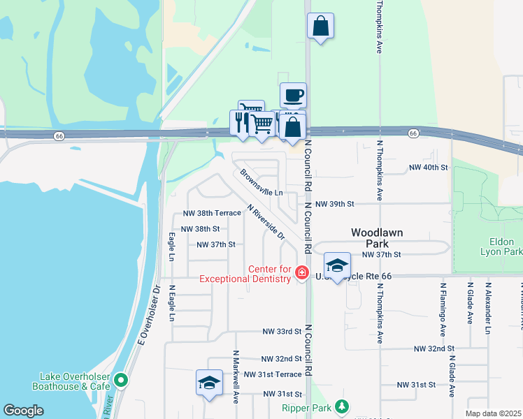 map of restaurants, bars, coffee shops, grocery stores, and more near 3840 North Riverside Drive in Bethany