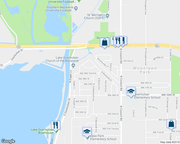 map of restaurants, bars, coffee shops, grocery stores, and more near 8221 Northwest 38th Terrace in Bethany