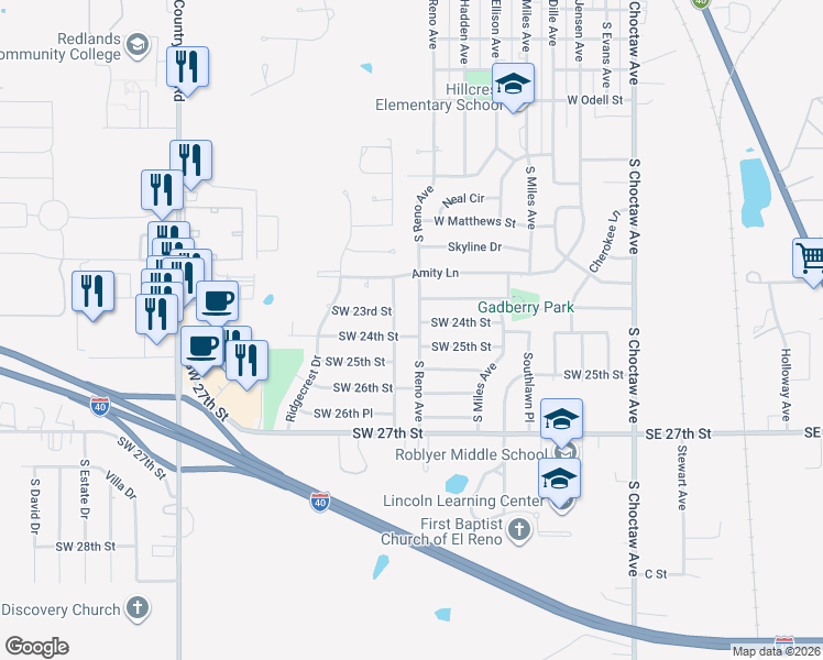 map of restaurants, bars, coffee shops, grocery stores, and more near 1708 South Reno Avenue in El Reno