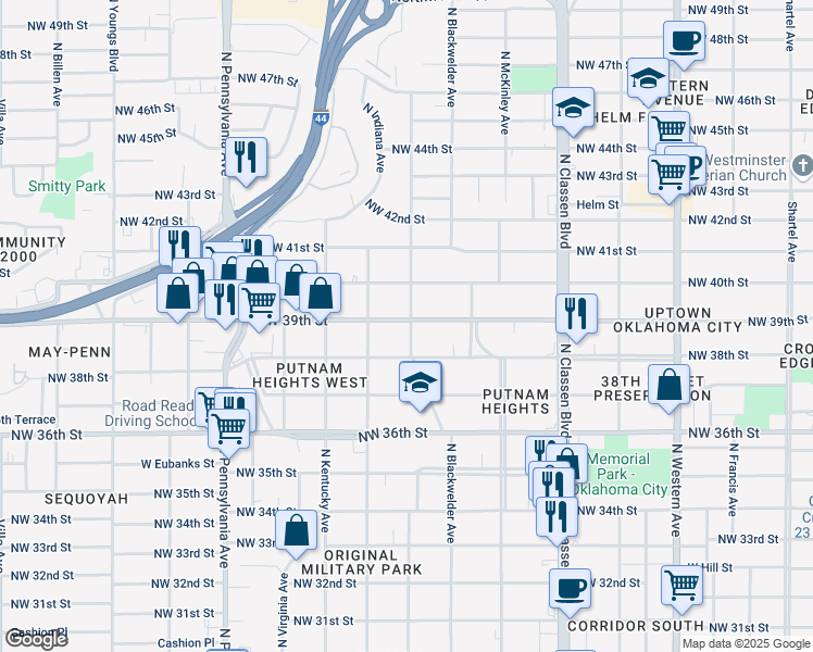 map of restaurants, bars, coffee shops, grocery stores, and more near 1700 Northwest 39th Street in Oklahoma City