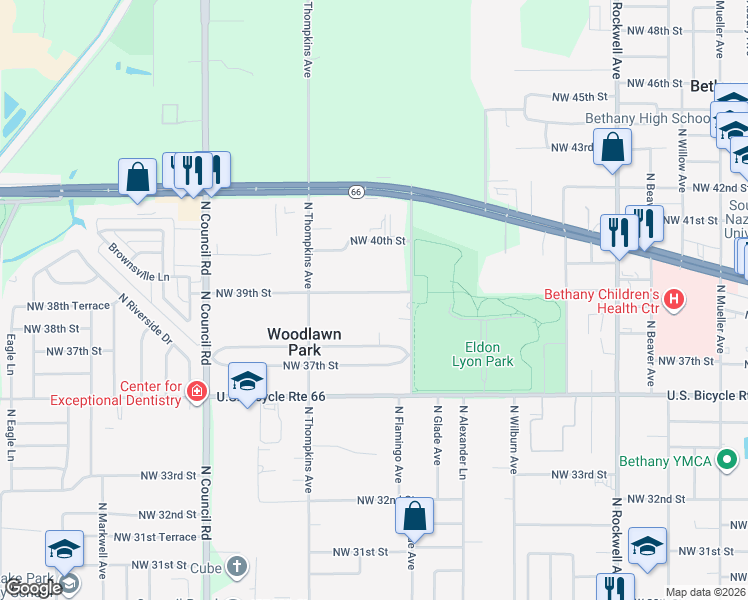 map of restaurants, bars, coffee shops, grocery stores, and more near 7516 Northwest 39th Street in Bethany