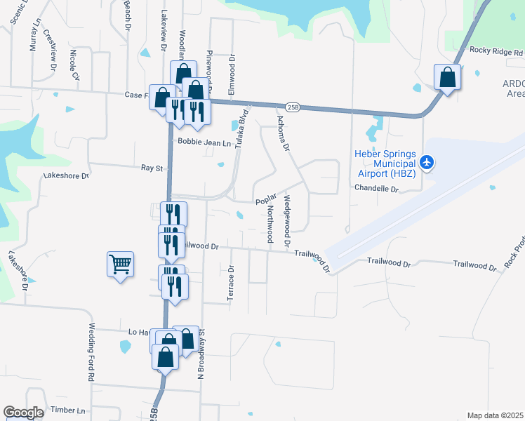 map of restaurants, bars, coffee shops, grocery stores, and more near 402 Hickory Cove in Heber Springs
